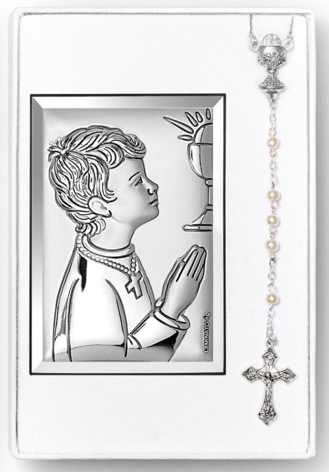 Ezüst bevonatos elsőáldozó fiú kép, ajándékszett rózsafüzérrel