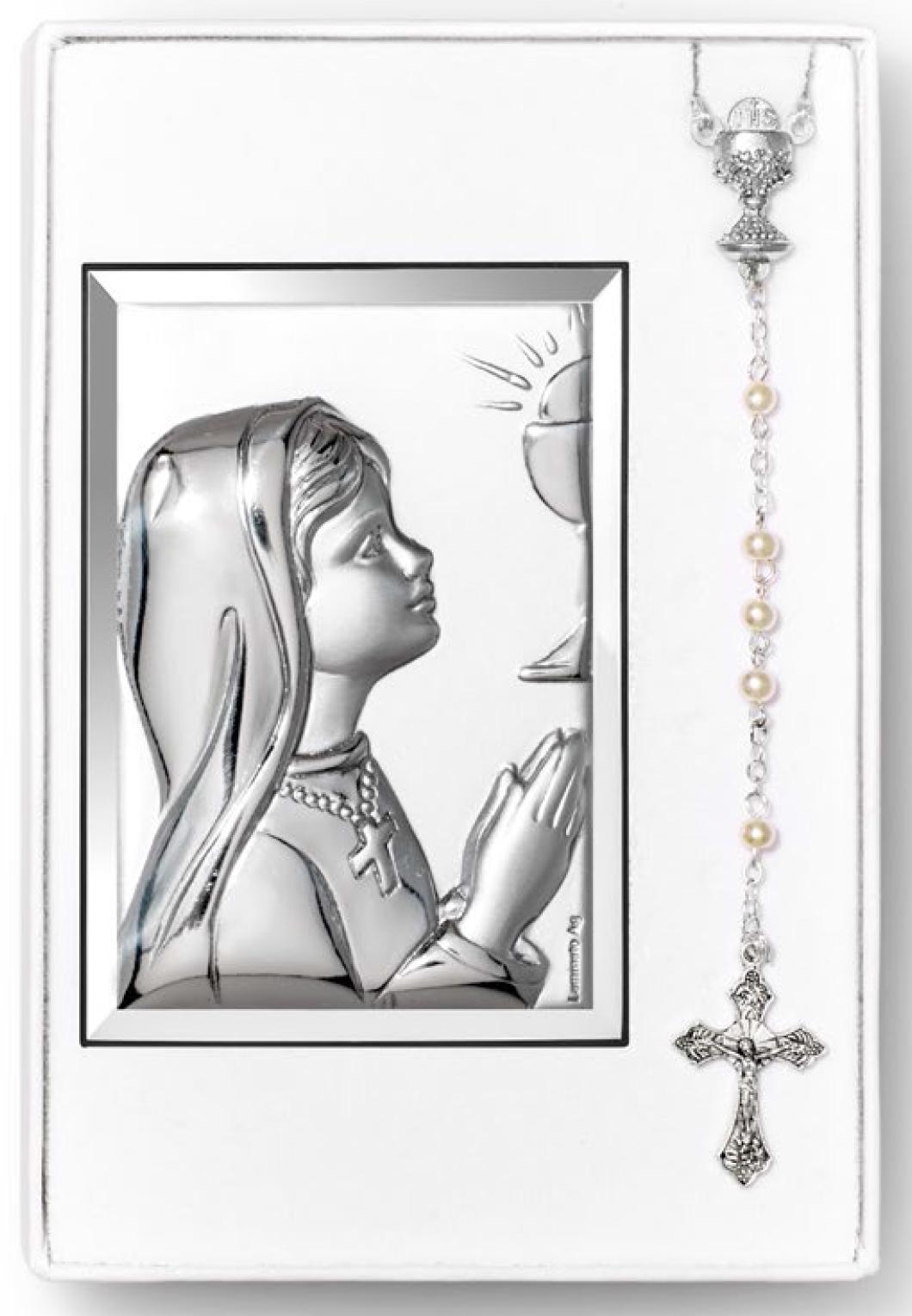 Ezüst bevonatos elsőáldozó lány kép, ajándékszett rózsafüzérrel